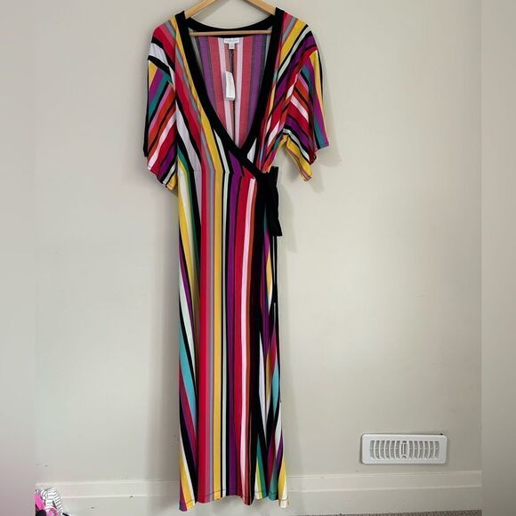 NWT New York & Company Multicolor Sheer Wrap Maxi Dress - Picture 1 of 13